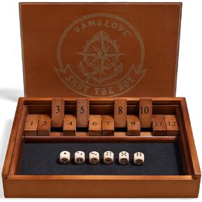 VAMSLOVE Shut The Box Dice Game Wooden Board Table Math Game for 2 Players and Up, 12 Numbers Close The Box with 6 Dice for Kids Adults Family (Instructions Included)