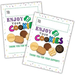 Girl Cookies Thank You Reorder Scout Cards | 30 pk 4.25 x 5.5" Tags White Sprinkles Door Hanger Green Troop Number Contact Information Postcard Box Labels