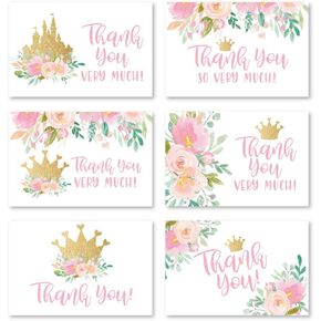 Hadley Designs 24 Floral Princess Baby Shower Thank You Cards With Envelopes, Kids Thank-You Note, 4x6 Gratitude Card Gift For Guest Pack For Party, Birthday Girl