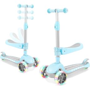 3 Wheel Scooter for Kids Ages 2-10 Years, 2 in 1 Kids Scooter with Flipable Seat, Flashing Lights, 4 Adjustable Heights, Light-up Deck, Lean to Steer, Suitable for Boys & Girls Aged 2+