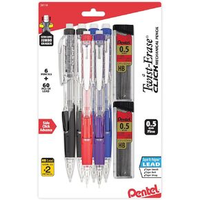Pentel Twist-Erase Click Mechanical Pencil (0.5mm), Pack of 6 Pencisl with 2 Pack of Lead Refills (PD275TLBPS6M)