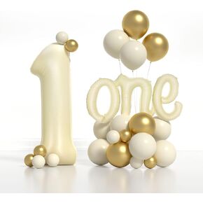 Boys or Girls 1st Birthday Decorations Kits - 40 Inch Cream Number 1 and 18 Inch one Foil Balloons Set with White Sand Metallic Gold Balloons Different Sizes 5 12 Inch for Kids First Birthday Party