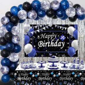 Blue and Black Birthday Decorations for Men Women, 62PCS Happy Birthday Decorations for Boys Girls, Black Blue Silver Birthday Party Supplies Birthday Banner Balloons Arch Kit Tablecloth Foil Curtains