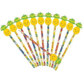 Fun Express Luau Tropical Pencil with Pineapple Eraser Topper (1 Dozen) Classroom Supplies, Giveaways, Party Favors, Beach Party Decorations