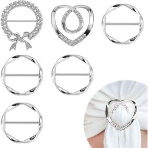 6PCS Silk Scarf Ring Silver Zinc Alloy T-Shirt Tie Clips, Elegant Scarves Waist Cinchers Clasps Rhinestone Clothing Wrap Holder, Round Shirt Clips Tightener for Women Loose Tshirt Clothes Scarf Buckle