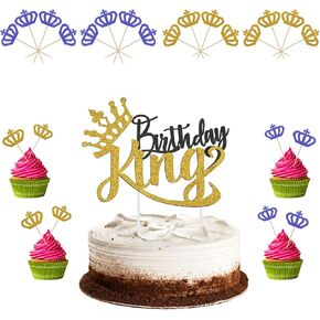 عيد ميلاد King Cake Topper ، Glitter Blue Crown Cupcake Topcake Toppers Glitter for King Prince موضوع استحمام الطفل الأولاد حفلة عيد ميلاد الأمير ديكورات كعكة الصبي （الذهب والأزرق）