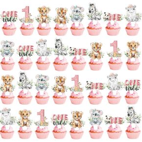 48 Pcs Animal Party Cupcake Toppers for Jungle Safari One Wild 1st Birthday Party Decorations