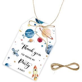 50pcs Outer Space Thank You Tags, Space Birthday Gift Tag with String for Kids, Space Planet Thank You Paper Tags for First Trip Around The Sun/Space Party Favors
