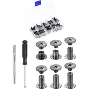 HARFINGTON 90 Sets Chicago Screws Leather Rivets, M5 3/16-Inch Belt Binding Metal Screws for Leathercraft, Bag, Shoes, Purse, Bookbinding, Brown, M5x4/5/6/8/10/12mm