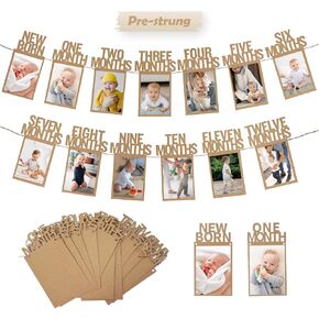 1st Birthday Photo Banner for Baby from Newborn to 12 Months, First Birthday Decorations for Boys or Girls, Pre-Strung One Year Old Birthday Photo Banner with Frame, Monthly Milestones Garland (Kraft)