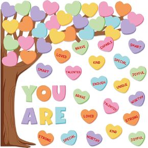 61Pcs Valentine's Day Classroom Bulletin Board Set Classroom Decoration Conversation Candy Heart Tree Cutout with Glue Points for School Wall Door Decor Party Supplies