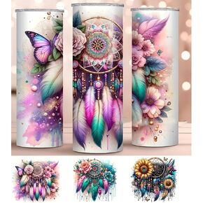 4pcs Bohemian Dreamcatcher Cup Butterfly Cup Wraps UV DTF Transfer Transfer Dateproof Sticker for Glass Cups Furniture Craft DIY ， فرك على ملصقات النقل لزجاجة ماء DIY