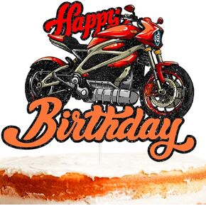 Happy Birthday Motorcycle Cake Topper Birthday for Off-road Mountain Race Car Theme Decor Supplies 1st Baby Shower Boys Girls Kids Family Party Decorations Red Glitter