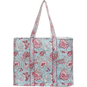 Cotton Hand Block Floral Print Tote For Women Handbag For Work Laptop Foldable Travel Beach Shoulder Lightweight Free Size Washable Durable All Purpose Large Tote Daily Casual (Blue)