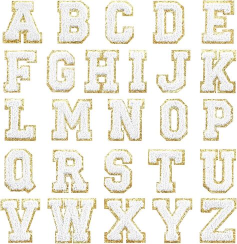26PCS Iron On Letter Patches, Embroidered Alphabet A-Z Patches with Gold Glitter Border Sew on Patch for Jacket Clothes Backpacks Jeans Christmas Stockings (White) in Saudi Arabia