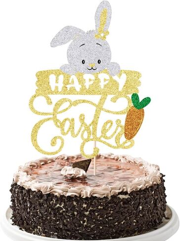 Happy Birthday Cake Topper Rabbit Happy Easter Cake Topper,Cute Rabbit Carrot Decoration Happy Easter Festival Spring Theme Kids Girls Boys Birthday Decoration Rose gold in Saudi Arabia