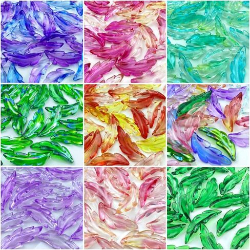 60 PCS Acrylic Leaf Shape Beads Transparent Plastic with Hole for Jewelry Making Necklace Earring(Green AB) in Kuwait