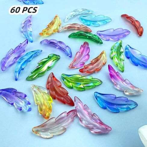 60 PCS Acrylic Leaf Shape Beads Transparent Plastic with Hole for Jewelry Making Necklace Earring(Green AB) in Kuwait