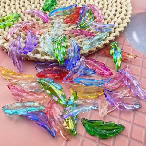60 PCS Acrylic Leaf Shape Beads Transparent Plastic with Hole for Jewelry Making Necklace Earring(Green AB) in Kuwait