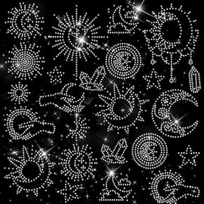 ORIGACH 16Pcs Moon and Sun Patterns Rhinestone Iron on Hotfix Transfer Decal Bling with Extra Heart Decal Clothing Repair Decoration for T-Shirt Hat Jacket Backpacks Jeans Garments DIY Accessories