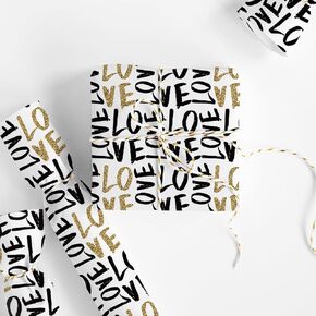 JarThenaAMCS Valentine's Day Wrapping Paper - Mini Roll - 17 In x 32.8 Ft Love Print Black Gold Gift Wrap Paper For DIY Art Crafts Wedding Anniversary Party Supplies