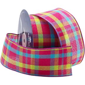 Royal Imports Spring Pastel Wired Ribbon, 2.5" (#40) Check Plaid Design Print for Baby Shower, Easter, Floral, Craft, Holiday Decoration, 25 Yd Roll (75 FT Bulk Spool) Pink Blue Yellow Green Lavender
