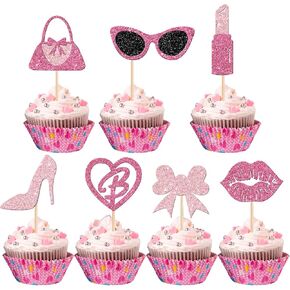 32 PCS Glitter Pink Princess Cupcake Topcake Girl Cupcake تختار نظارات حقيبة اليد Bow Tie Lipstick High Heel Cake Decorations for Girl Princess موضوع زفاف الحفلات حفلات عيد ميلاد اللوازم