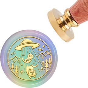 CRASPIRE Wax Seal Stamp Cat Vintage Sealing Wax Stamp UFO 30mm Removable Brass Head Sealing Stamp with Wooden Handle for Wedding Invitations Halloween Envelope Thanksgiving Christmas