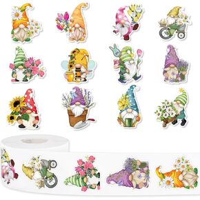 1000Pcs Spring Gnome Stickers 12 Designs Floral Gnome Decals Cute Adhesive Sealing Labels for Birthday Baby Shower Grocery Baking Bag Party Favor Supplies, 2 Rolls