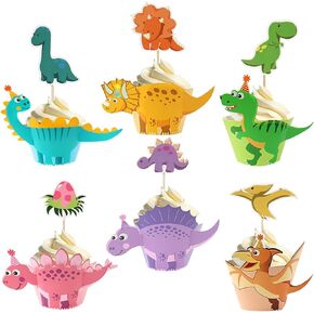 24 Pack Watercolor Dinosaur Cupcake Toppers & Assembled Dinosaur Wrappers Realistic Dino Cupcake Toppers & Cupcake Liners (2 * 12pcs) | Cute Decorations for Birthday Party, Baby Shower