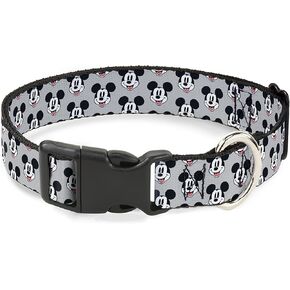 Disney Pet Collar, Dog Collar Plastic Buckle, Mickey Mouse Smiling Face Monogram Gray, 11 to 16.5 Inches 1.0 Inch Wide