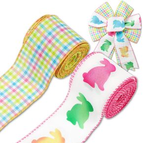 Easter Wired Edge Ribbon Colorful Plaid Rabbit Fabric Ribbon Check Rabbit Craft Ribbon for Spring Wreath Bow DIY Crafts, 2 Roll, 20 Yards