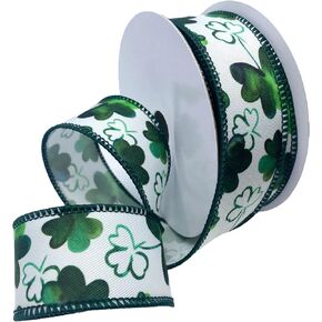 Morex Ribbon Wired Linen Watercolor Shamrocks Ribbon, 1.5 inch by 10 Yards, White/Green, 7029.40/10-601