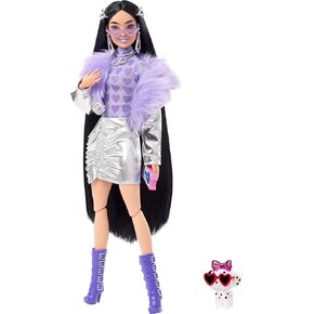 Barbie Extra Doll and Accessories with Black Hair, Lavender Lips, Metallic Silver Jacket and Pet Dalmatian Puppy