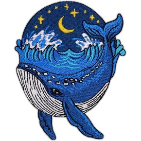 Midnight Blue Whale Patch – 3.5 inches, Cool Colorful Whale Iron On Patch – Embroidered Iron On/Sew On Sea Patches for Backpacks