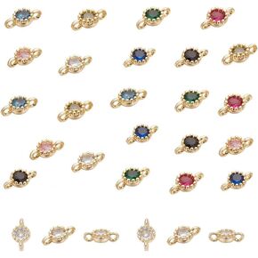 UNICRAFTALE 32Pcs 8 Colors 14K Gold Plated Birthstone Charm Rhinestone Charms Earring Charms Crystal Bracelet Charm Flat Round Connector Charms for DIY Necklace Jewellery Making