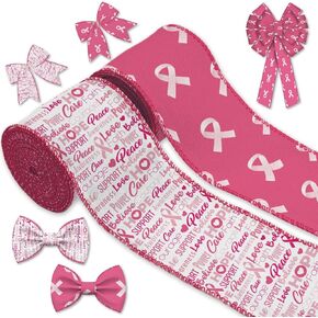 YKW 2 Rolls Breast Cancer Awareness Ribbon - 2.5 Inch x 5 Yards Each, Pink Wired Edge Ribbon with Hope Faith Love Pattern for Wreath Bows Wrapping Gifts Support Events & DIY Crafts