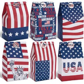 36 Pack Patriotic Treat Bags with Stickers American Flag Stars Stripes Paper Party Favor Bags 4th of July Candy Gift Bags for Independence Day Memorial Day Party Cookie Snack Supplies, 6 Design
