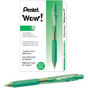 Pentel Wow! Retractable Ballpoint Pens, (1.0mm), Medium Line, Green Ink, Box of 12 (BK440-D)