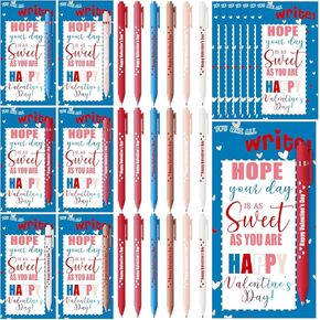Cholemy 48 Sets Valentine Gifts Sets Include Motivational Ballpoint Pen with Greeting Card and Cable Ties for School Classroom Stationery Supplies Teacher Students Practical Gifts