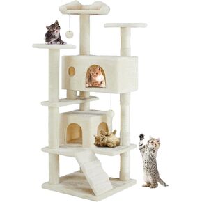 DUMOS 54-inch Indoor Cat Tree Tower –Multi-Level Pet House for Large Cats with 2 Condos, Scratching Posts, Round Platform, Small Ladder, and Toys, Beige