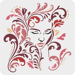 FINGERINSPIRE Seaweed Girl Stencil 11.8x11.8 inch Large Beauty Girl Acanthus Craft Stencils Reusable Plastic Leaves Female Face Drawing Stencil Wall Art Stencil for Wood Sign, Tiles, Floor, Fabric