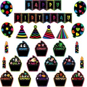PETCEE 27PCS Happy Birthday Bulletin Board Set for Classroom Wall Bulletin Board Decoration Confetti Cupcake Cutouts Birthday Chart Birthday Calendar for Kids Students Back to School Decoration