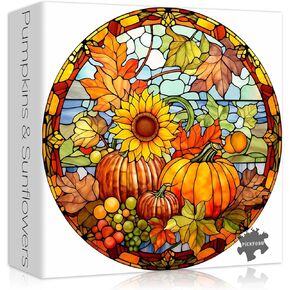 Stained Glass Puzzles for Adults,Halloween Thanksgiving Puzzle, Pumpkin Sunflower Puzzles Autumn, Fall Puzzle 1000 Pieces, Round Hard Impossible Challenging Jigsaw Puzzles