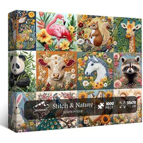 Animal Puzzles for Adults 1000 Pieces, PICKFORU Colorful Wildflower Puzzle Floral Art, Funny Embroidery Animals Jigsaw Puzzles Peacock Deer