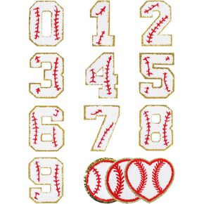 13PCS Baseball Chenille Number Patches, 0-9 Numbers with Baseball Pattern & 3 PCS Baseball Embroidered Patches, Sports Iron On Patches for Team Uniforms, Hats, Jeans, Clothes, Bags, DIY Craft