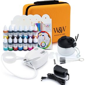 Watson & Webb Maker Selection - 29pcs Cake Airbrush Decorating Kit - Inc Professional Mains Powered Spray Gun, 13 Matte Colors, Stencils, Case, Spraytidy, Tools - for Food, Cakes, Cookies & Baking