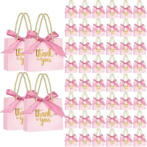 Nimbbex 50Pack Thank You Gift Bags with Handles, Party Favor Bags 5.5x2.3x4.7 Inches Small White Gift Bags with Handles, Mini Paper Candy Bags with Gold Ribbon for Wedding Baby Shower Birthday