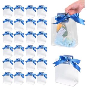 TSAZZZ 24 Pcs Clear Gift Bags With Handles Plastic Frosting PVC Goodie Bags With Blue Ribbon Small Gift Bag For Valentines Wedding Birthday Baby Shower Party Blue (6.3"*5.5"*2.8")