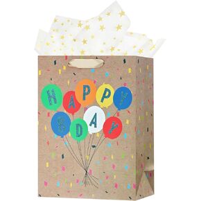 OFIHANLY 12.6" Medium Size Happy Birthday Gift Bag with Handles for Women Men Kids Baby Boy Girls Brown Paper Gift Wrap Bags with Tissue Paper,1Pcs